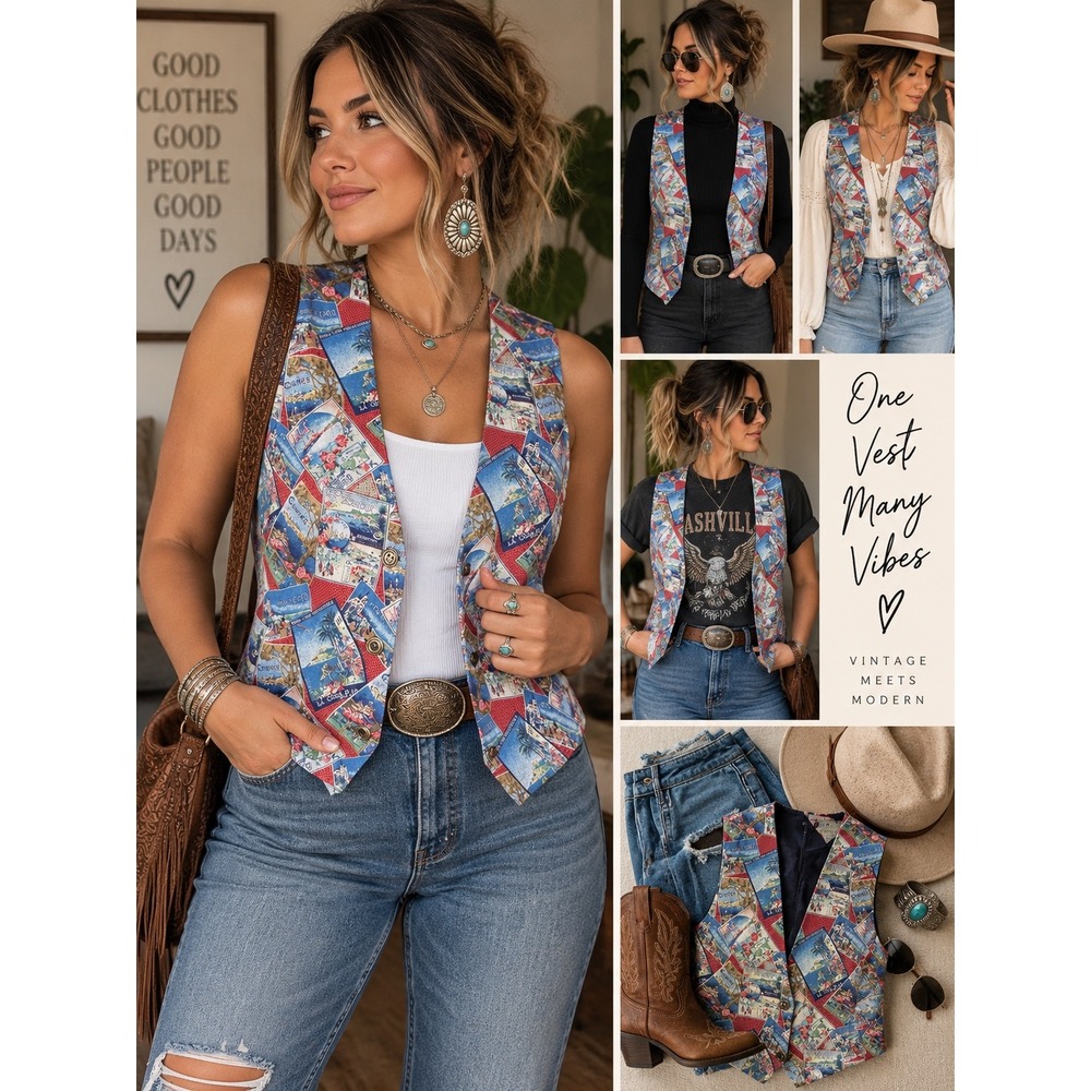 Léger Postcard Print Vest Women Med 100%Raylon Good French Riviera Vintage USA